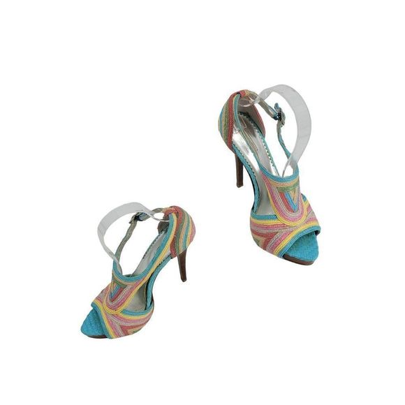 Report Signature Stiletto Heels 8 Pastel Rainbow Stripped Vegan Raffia Wood Heel - Picture 13 of 13